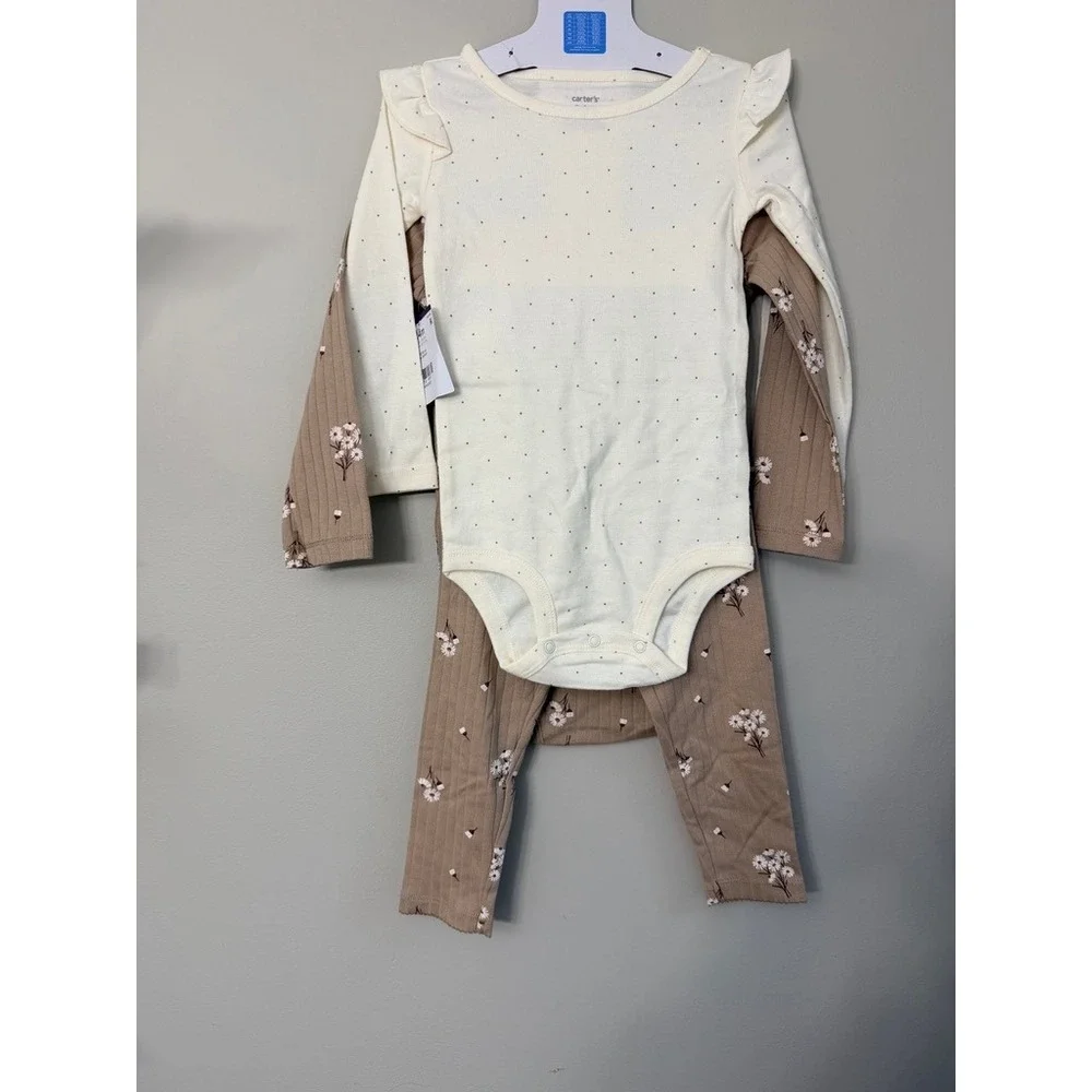 Carter's 3pc Bodysuit Pant Set Baby Girl NB Tan Floral Ribbed NWT